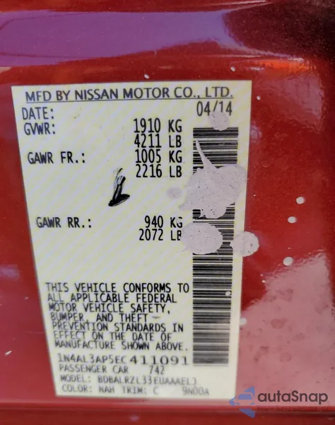 2014 Nissan Altima 2.5 z USA, uszkodzony, nr VIN 1N4AL3AP5EC411091